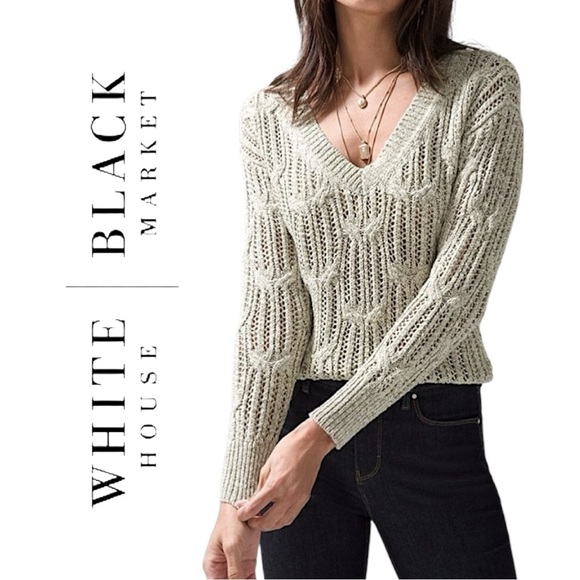 Chunky Cable Knit Open Weave Crochet Sweater Cozy Tan V-Neck Boho Chic Preppy XS - Picture 1 of 14